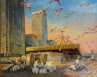 Billingsgate / Pittura a olio originale di Lewis Hazelwood - belle arti, ritratto, grande scenario londinese, arte figurativa contemporanea incorniciata