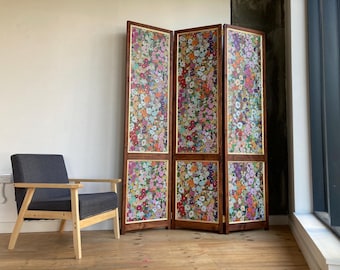 Handmade Floral Folding Screen Room Divider – Hollyhocks Spring Wallpaper