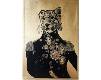 May include: A black and white illustration of a leopard wearing a military uniform with gold accents on a gold background. The image is titled "Lady Admiral" by Ali Florence.