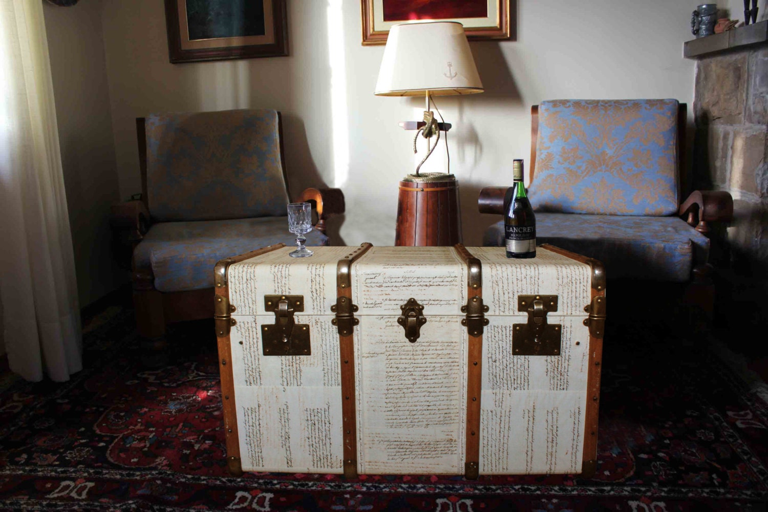 Table Basse Vintage Steamer Trunk Coffre De Rangement En Bois Cintré, Manuscrit Florentin