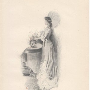 impression vintage Harrison Fisher. Dame arrangeant des fleurs.