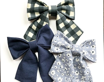 Navy Gingham Daisy and Navy Solid Medium Size sailor Bows