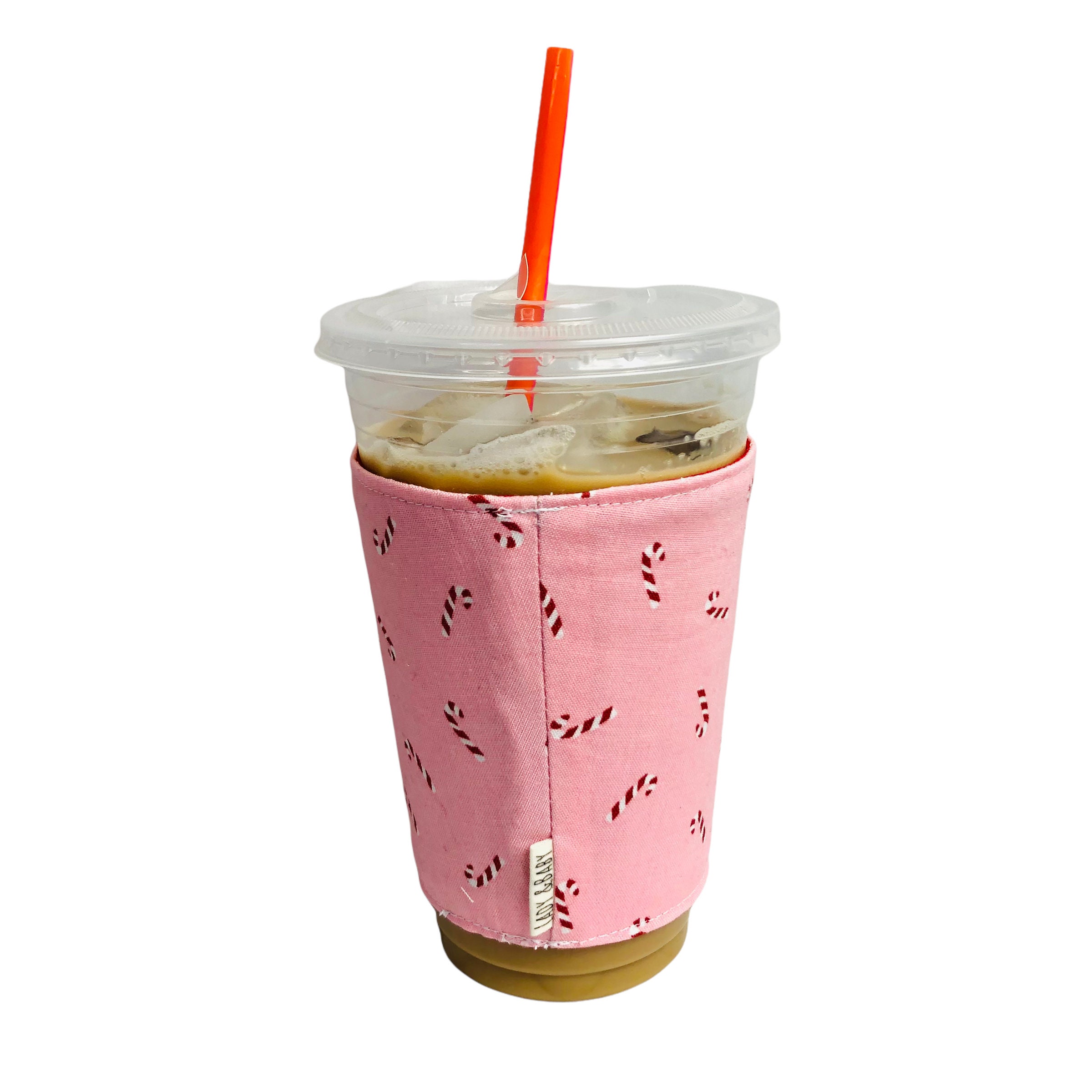 Holiday Christmas Pink Dancing Santa and Candy cane Med Iced Coffee Sleeve - Thumbnail 2