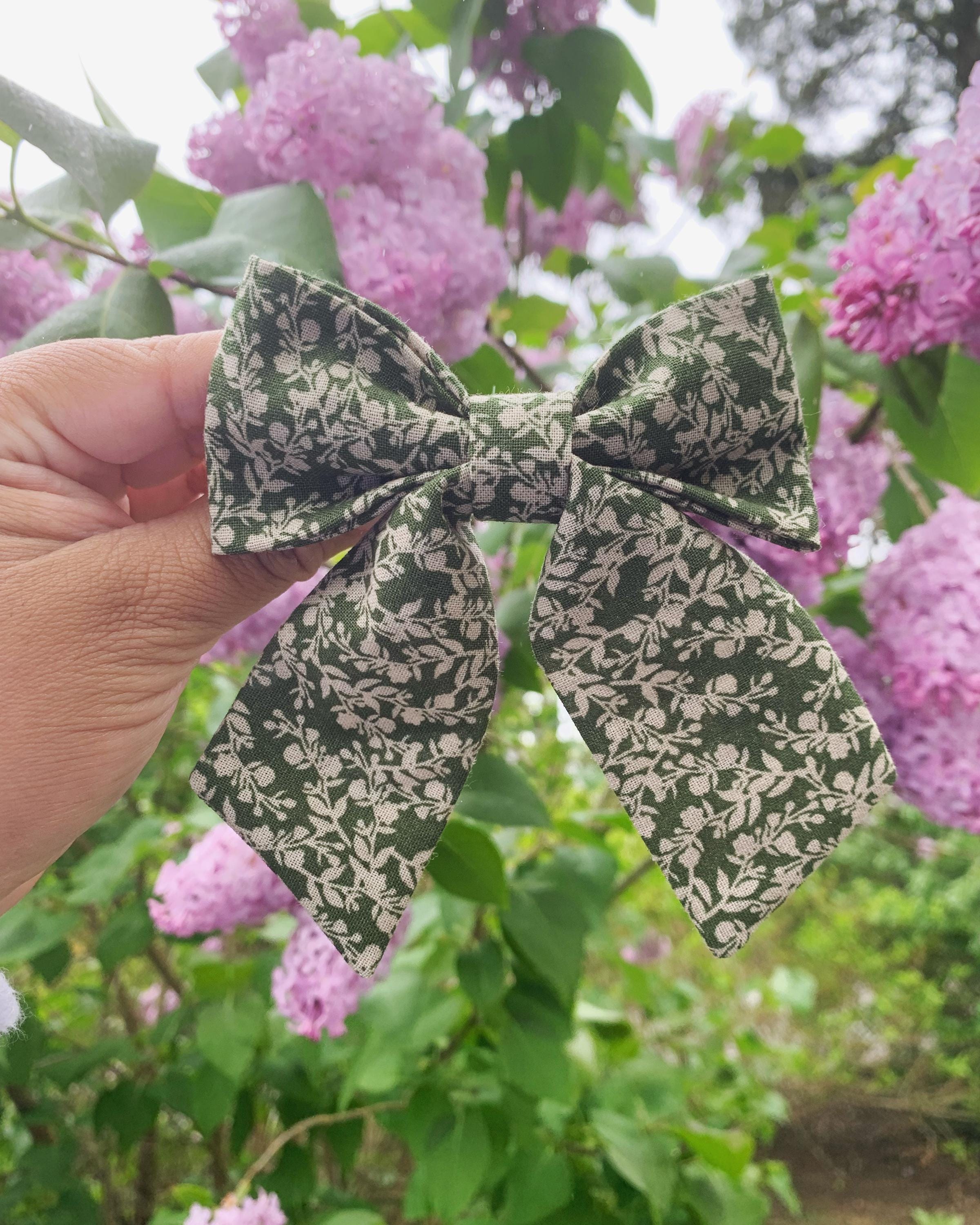 Moss Green Floral hair bow - Thumbnail 3