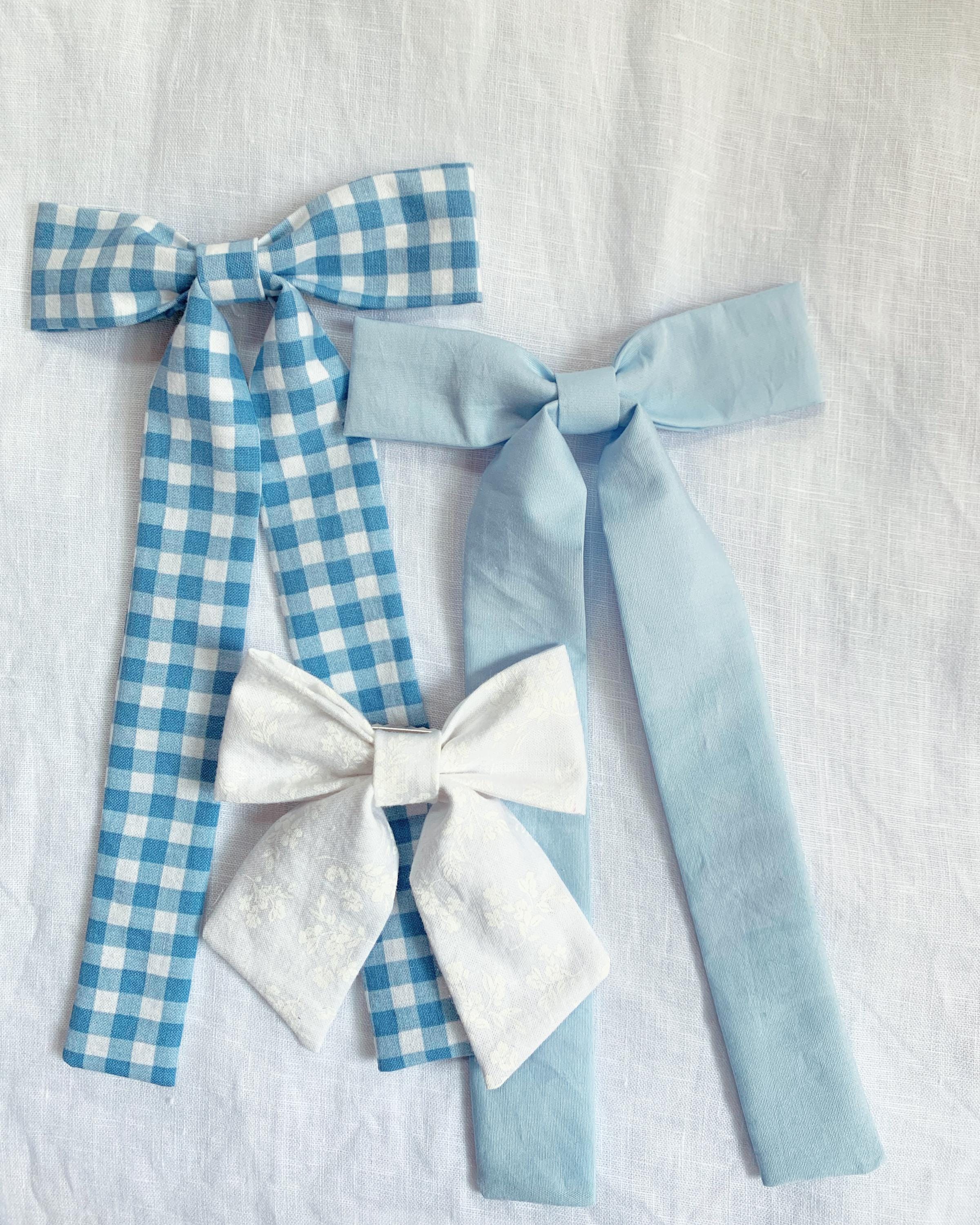 Gingham and Blue Longtail hair bows