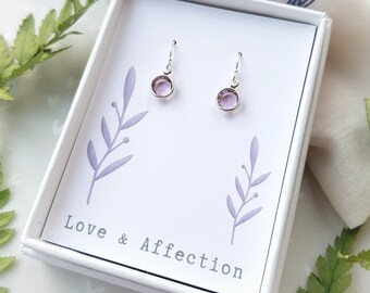 Sterling silver Love & Affection earrings with Swarovski crystal, purple light Amethyst earrings, wellbeing gift, Amethyst drop earrings, uk