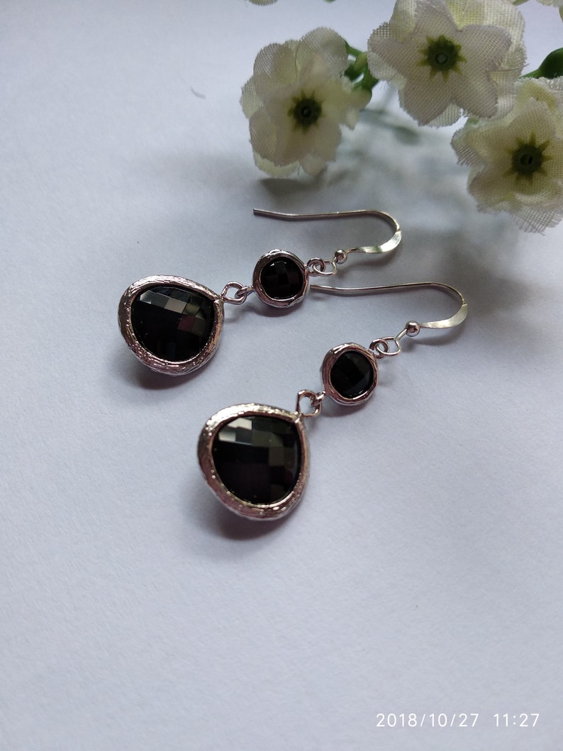 Sterling Silver Ear Hooks Christmas Gift. Gift ideas Everyday Earrings For Her Free Shipping-Black Glass Stone Dangle Earrings
