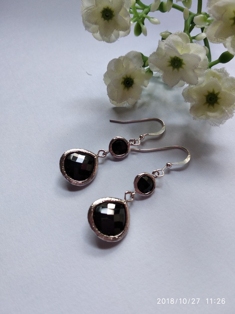 Sterling Silver Ear Hooks Christmas Gift. Gift ideas Everyday Earrings For Her Free Shipping-Black Glass Stone Dangle Earrings