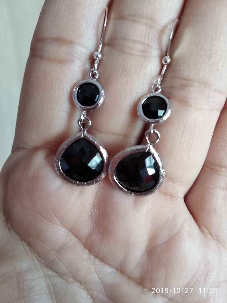 Sterling Silver Ear Hooks Christmas Gift. Gift ideas Everyday Earrings For Her Free Shipping-Black Glass Stone Dangle Earrings