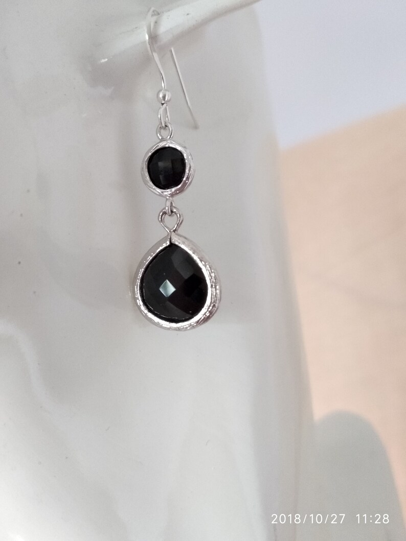 Sterling Silver Ear Hooks Christmas Gift. Gift ideas Everyday Earrings For Her Free Shipping-Black Glass Stone Dangle Earrings