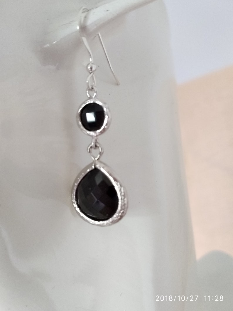 Sterling Silver Ear Hooks Christmas Gift. Gift ideas Everyday Earrings For Her Free Shipping-Black Glass Stone Dangle Earrings