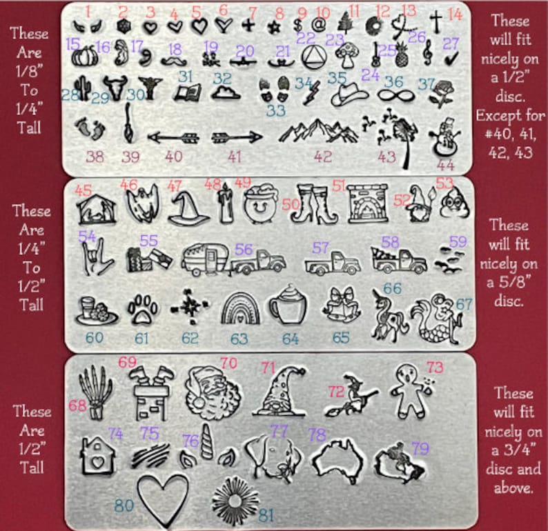 Puede incluir: Una l&aacute;mina de metal con 81 dise&ntilde;os diferentes estampados. Los dise&ntilde;os tienen todos aproximadamente 3 mm a 12,7 mm de alto. Los dise&ntilde;os incluyen una variedad de temas, como animales, plantas, comida y objetos. La l&aacute;mina est&aacute; etiquetada con el tama&ntilde;o de cada dise&ntilde;o y el tama&ntilde;o del disco en el que cada dise&ntilde;o encajar&aacute;.