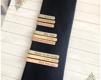 Personalized Tie Bar - Hand Stamped Tie Clip - Aluminum Brass Copper - Wedding Accessory for Him - Groomsman Gift From Bride Front and Back