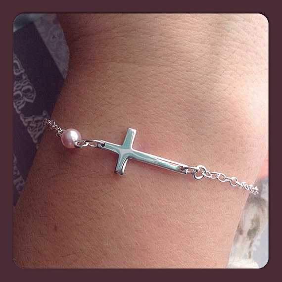 Sterling Silver Cross Bracelet With Pearl Sideways Cross Bracelet