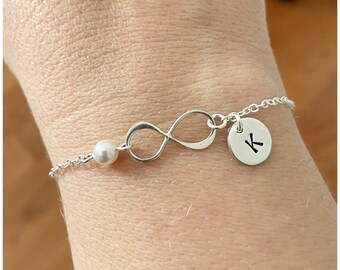 Silver Initial Infinity Bracelet with Swarovski Pearl - Custom Hand Stamped Initial on Sterling Silver Disc - Child Initial - BFF Initial