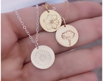Collana personalizzata con disco di fiori di nascita da 3/4" - Garofano Violetta Narciso Margherita Giglio Rosa Gladiolo Campanula Calendula Narciso