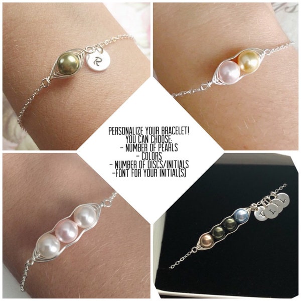 Personalized Pea in a Pod Bracelet - Sterling Silver Wire Wrapped Bracelet - Customized Pea Pod Jewelry - Custom Mother Child Bracelet