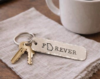 Personalized Forever Bar Keychain - Stamped Hammered Key Ring - Select Your State - Long Distance Gift
