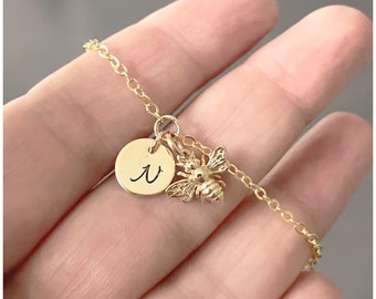 Gold Bumble Bee Bracelet - Personalized Bumblebee Jewelry - Hand Stamped Initial on Gold Disc - Dainty Gold Bracelet with Honey Bee Charm