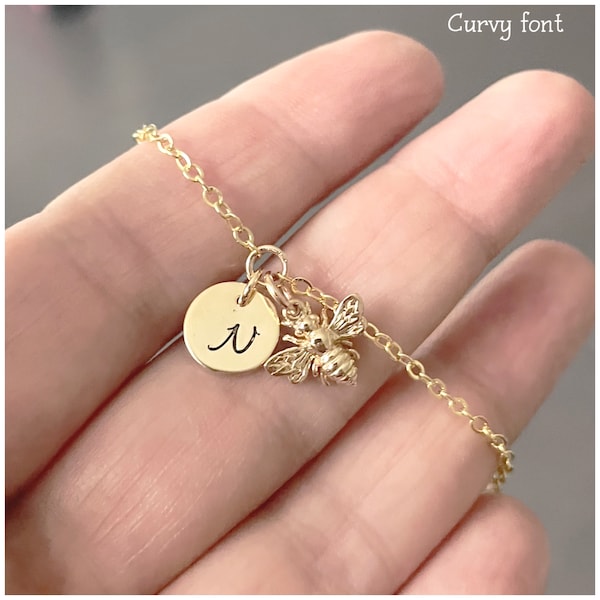 Gold Bumble Bee Bracelet - Personalized Bumblebee Jewelry - Hand Stamped Initial on Gold Disc - Dainty Gold Bracelet with Honey Bee Charm