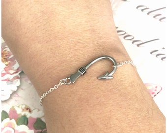 Barbed Fish Hook Bracelet - Fishing Hook Bracelet - Silver and Stainless Steel - Hooked on You Bracelet - Nautical Bracelet - Fish Bracelet
