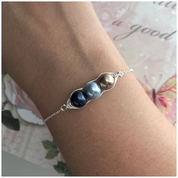 Three Pea in a Pod Bracelet - Personalized Silver Bracelet - Three Pearls - 3 Beads - Child Initial Disc Bracelet - 3 Brothers and Sisters