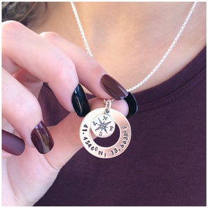 Silver Compass Necklace - Hand Stamped Coordinate Jewelry - Personalized Washer Necklace - Customized Silver Necklace - Custom Jewelry