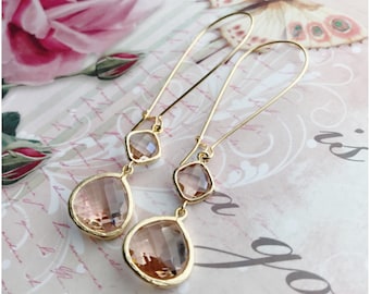 Gold Peach Crystal Earrings - Long Dangle Champagne Earrings - Bridal Bridesmaid Jewelry
