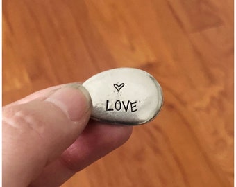 Personalized Pocket Pebble - Personalized Word on Pewter Pebble - Custom Token With Stamped Favorite Word - Customized Lucky Pocket Charm