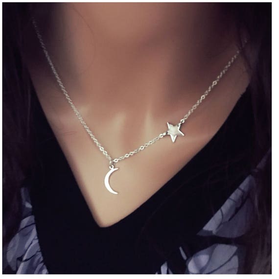 Silver Moon and Star Necklace Moon and Star Jewelry - Etsy