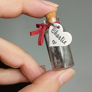 Pet Fur Keepsake Personalized With Stamped Name - Pet Memorial Tiny Glass Bottle - Pet Remembrance - Rainbow Bridge Jar - Loss of Dog Cat