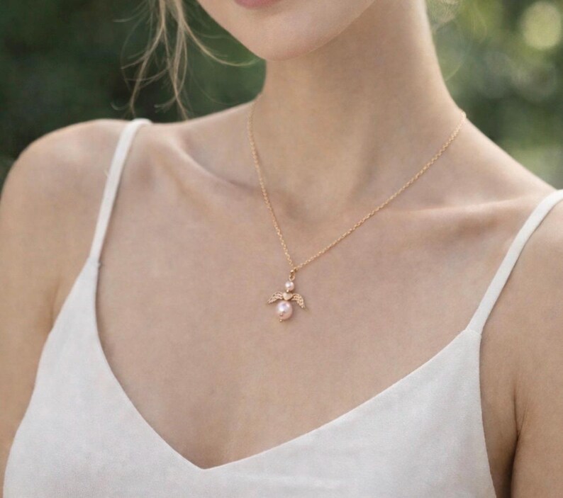 Angel Charm Necklace - Heaven Pendant Jewelry - Pink or Blue Pearls - Boy Girl Remembrance - Infant Loss image 2