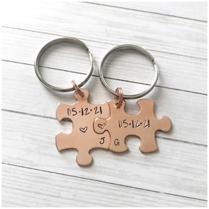 Personalized Puzzle Piece Keychains - Couples Puzzle Key Holder - Anniversary Keychain Set - Copper Keychains - Hand Stamped Keychains