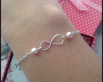 Bracelet Infinity en Argent - Bracelet avec 2 Perles - Cadeau d’Anniversaire pour Maman - Bracelet De Mère - Bracelet De Demoiselle d’Honneur - Bracelet Délicat