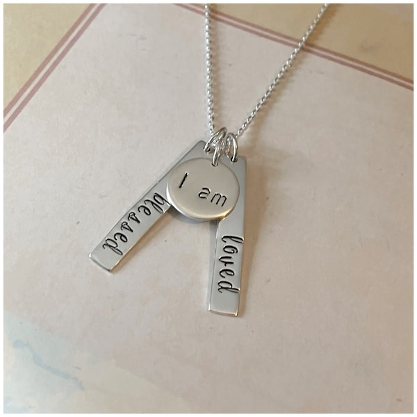 Silver Bar Disc Necklace - Inspirational Words - I Am Necklace - Family Necklace Bar Disc - Hand Stamped Quote on Blank - I am Loved Enough