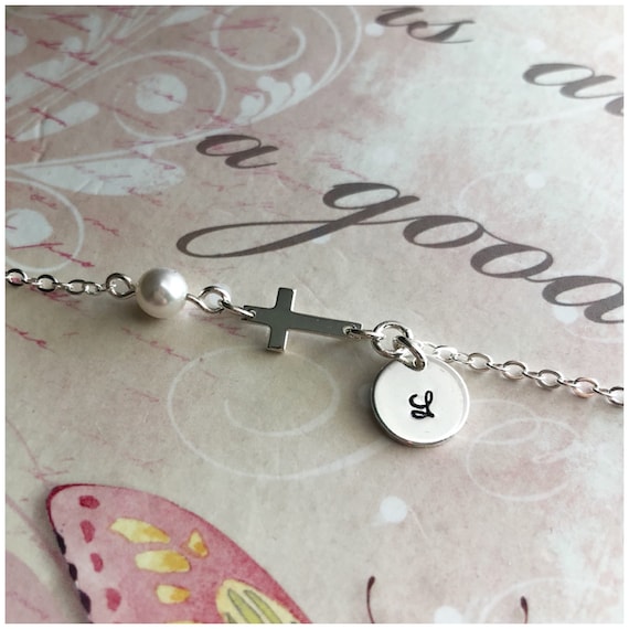 Little Girl Pearl Cross Bracelet- Silver