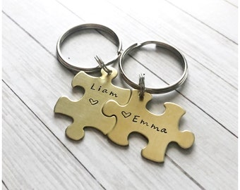 Hand Stamped Puzzle Keychain Set - Personalized Couple Keychain - Personalized Missing Piece - Couples Puzzle Key Holder - Brass Keychains