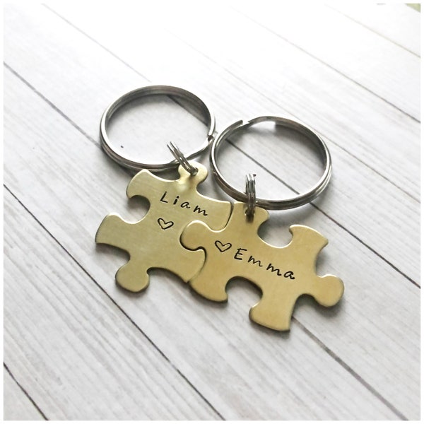 Hand Stamped Puzzle Keychain Set - Personalized Couple Keychain - Personalized Missing Piece - Couples Puzzle Key Holder - Brass Keychains