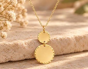 Yellow Gold Disc Necklace - Hammered Round Charm Jewelry - Dainty Gift - Minimalist Present