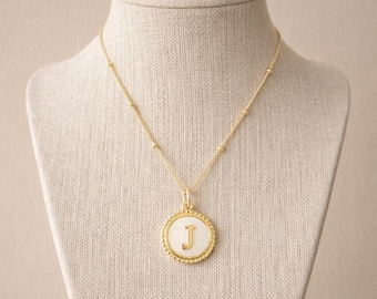 Personalized Gold Necklace With Mother Of Pearl Round Letter - Alphabet Initial - Gift for Mother
