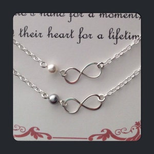 Infinity Bracelet Set with Swarovski Pearls Custom Sterling Silver Jewelry Set Two Bracelets for BFF, Sisters or Mother Daughter image 5