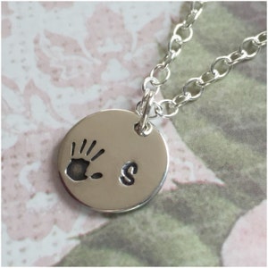 Baby Hand Print Necklace - Child Initial Necklace - Sterling Silver Disc Necklace - Present for New Mom - Personalized Gift for New Mother