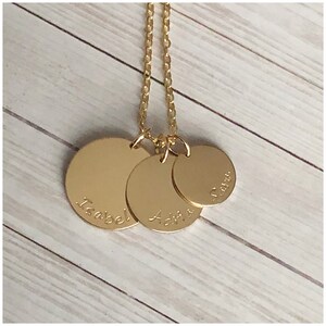 Gold Disc Necklace - Family Name Necklace - Stamped Children Names - Personalized Mother Gift - Custom Mom Present - Grandma Family Jewelry