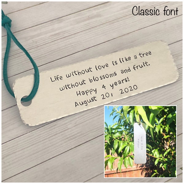 Étiquette d'arbre personnalisée - Signe d'arbre estampé à la main - Plaque suspendue d'arbre personnalisée - Cadeau d'anniversaire - Cadeau de mariage - Accessoire d'arbre généalogique