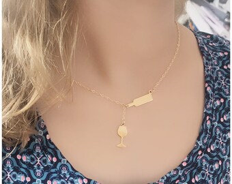 Bottle Glass Necklace - Gold Wine Glass Necklace - Bottle Pouring Wine - Christmas Gift for Her - Glass Pendant - Present for Wine Lover