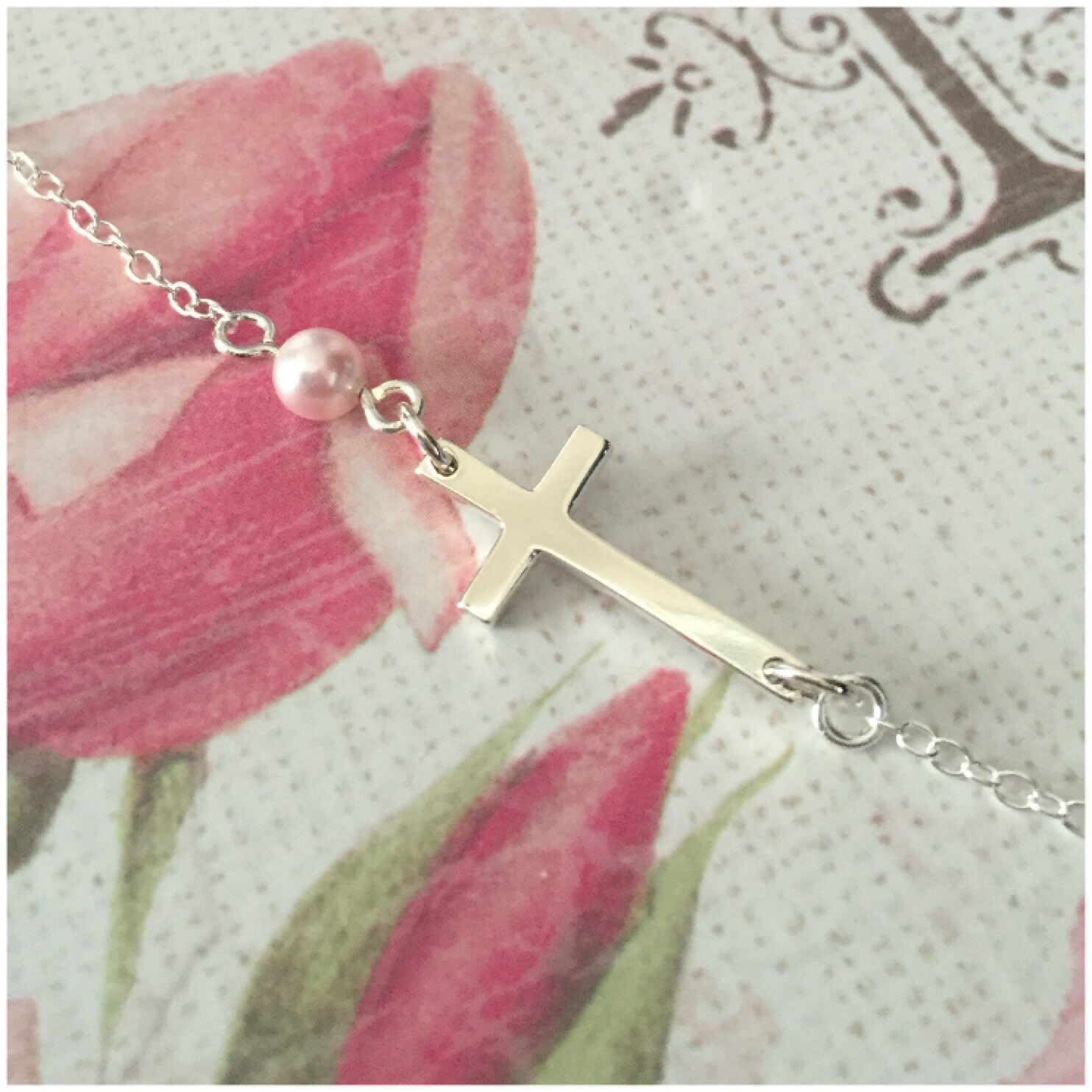 Sterling Silver Side Cross Necklace With Pearl Sideways Etsy