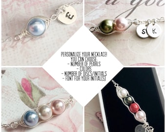 Sterling Silver Pea in a Pod Necklace - Custom Wire Wrapped Jewelry - Mother Children - Choose the Number and Color of Pearls