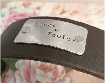 Leather Cuff Bracelet with Metal Snaps - Personalized Leather Cuff - 1.5 Inches Wide Bracelet - Hand Stamped Aluminum Tag - Espresso Color