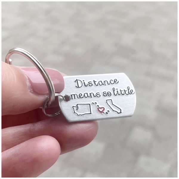 Distance Means So Little Keychain with States - Stamped Long Distance Relationship - State to State - Perfect Gift for Twin Brother Sister