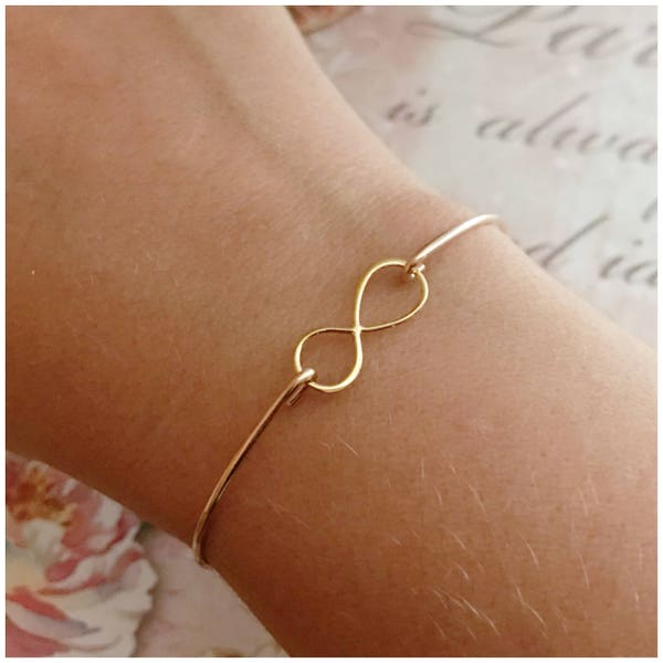 Gold Infinity Bangle Bracelet - 14k Gold Filled Cuff - Infinity Charm Bracelet - Personalized Holiday Gifts - Dainty Valentine's Day Gift